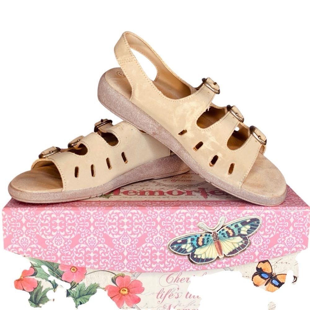 Women's Beige Patent Slingback Sandals with Triple Buckle Straps